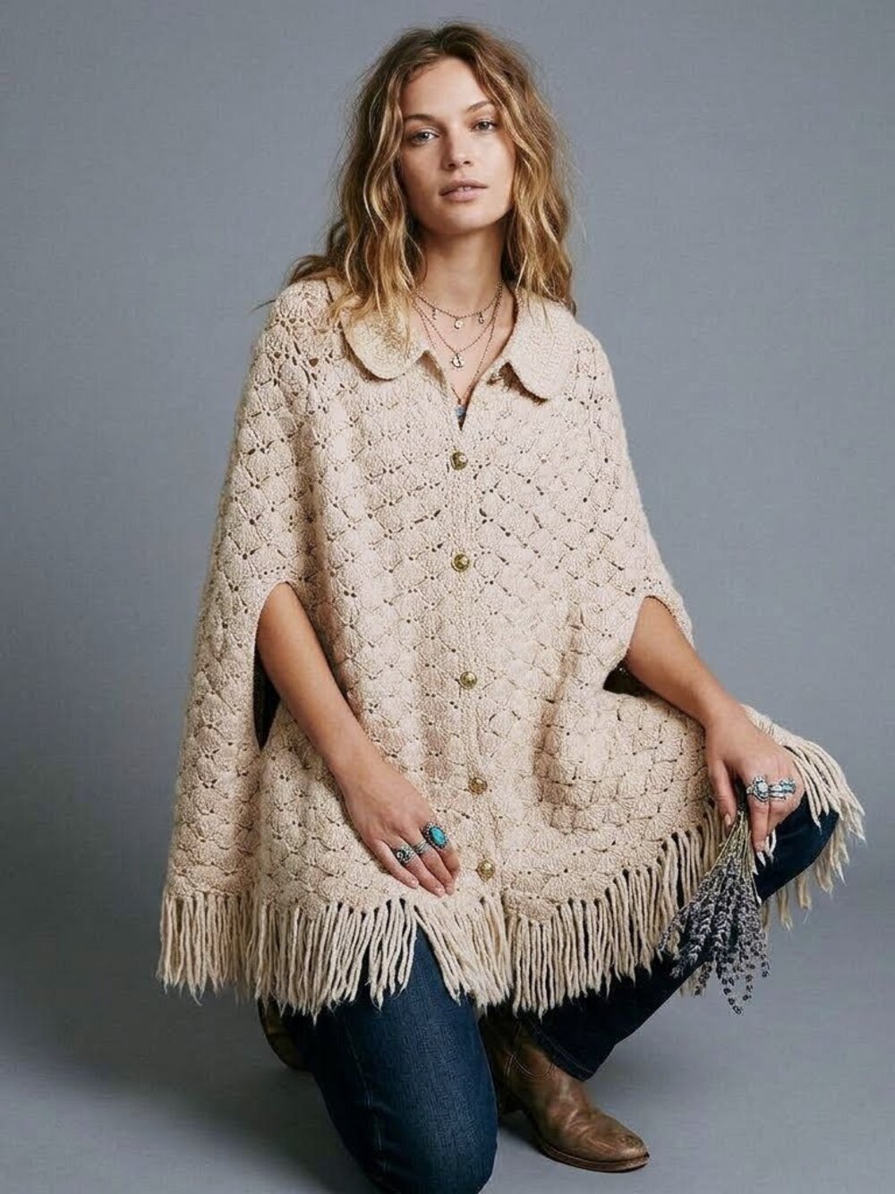 Vintage 60s Crochet Knit Poncho Sweater Ivory Fringe Boho Festival Cape Mod OS - Picture 2 of 8